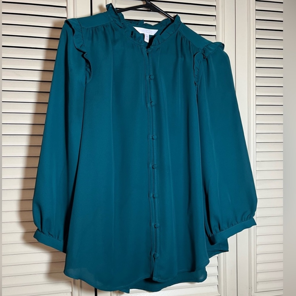 NWT Lauren Conrad Brazilian dark teal button front ruffle blouse